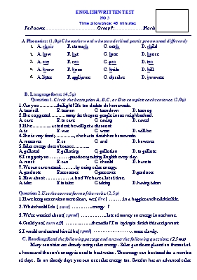 Bài kiểm tra 1 tiết số 3 môn Tiếng Anh Lớp 9